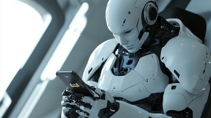 Fototapeta premium Advanced Humanoid Robot Using Smartphone in Modern Office, Futuristic Technology Concept