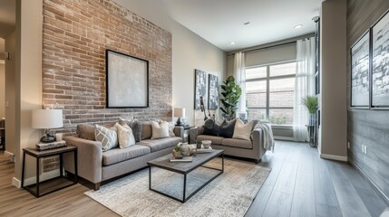 Fototapeta premium Modern interior of living room with brick wall and grey sofa. 3d render 