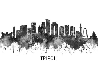 Fototapeta premium Tripoli Libya Skyline BW, landscape watercolor abstract painting print poster Heilongjiang travel illustration urban art modern downtown landmarks
