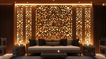 Decorative wooden wall featuring intricate carvings and backlighting for a luxurious look