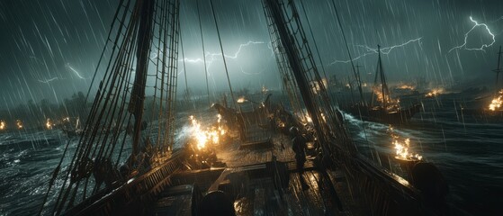 Intrepid Viking Crew Bracing Themselves as Their Ship Plunges into the Trough Between Towering Waves with Rain Lashing the Deck Under Lightning Strikes