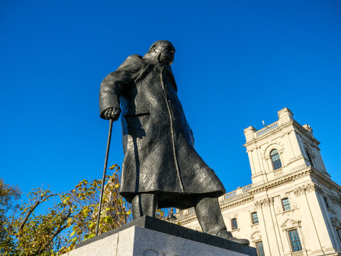 London, UK - November 20, 2024: Bronze statue of Sir Winston Churchill on Parliament Square Garden, Westminster