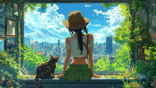 A girl in shorts and a hat sits on a windowsill with her cat, looking out at the city. Loop