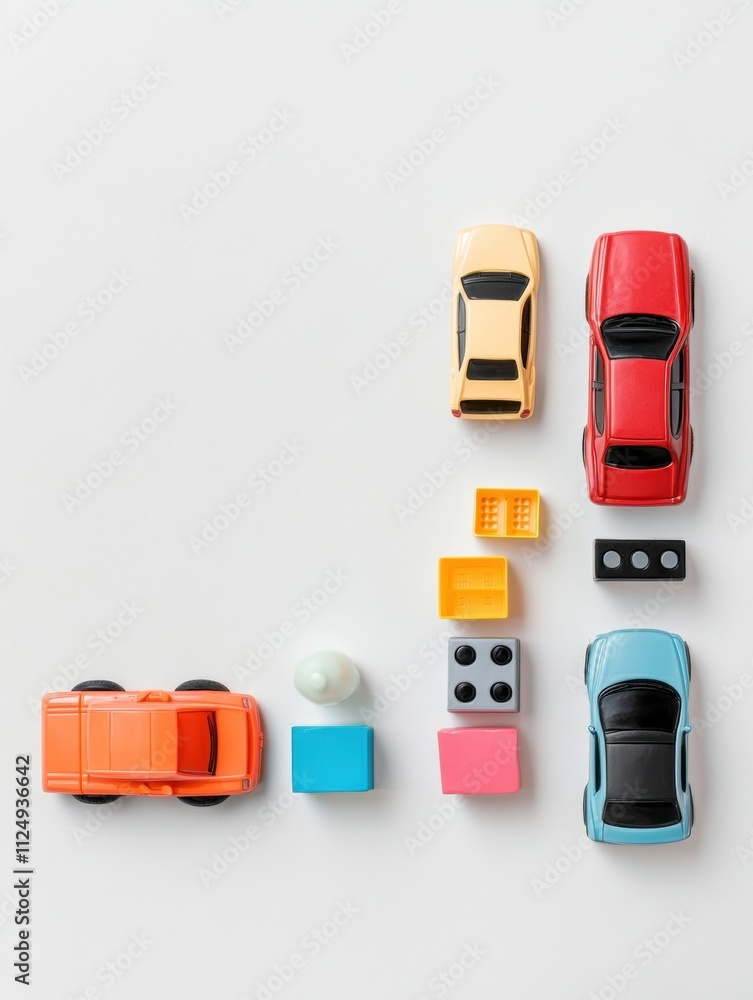 Poster brightly colored cars, blocks, and dolls are organized on a white surface, offering ample space for 