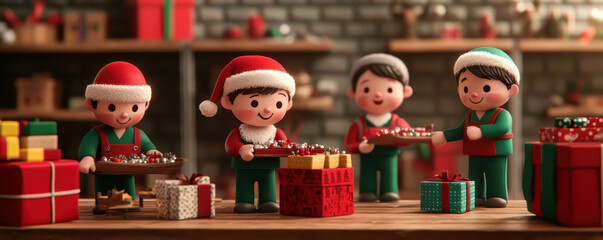 Festive scene with cheerful children in Santa hats preparing gifts