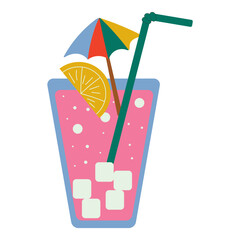 pink cocktail in a glass with ice cubes, a lemon slice, a colorful umbrella, and a green straw, evoking a tropical and fun vibe.