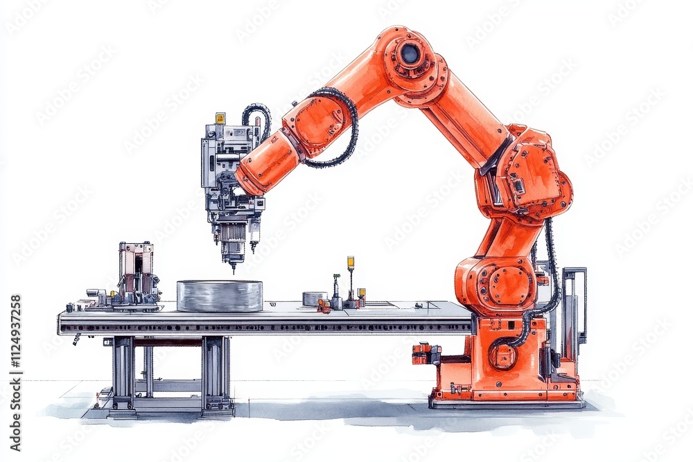 Poster a robotic arm is positioned over a workspace, equipped for precise machining tasks in a modern indus
