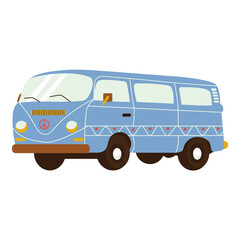 a blue retro van with a peace symbol on the front, yellow headlights, and decorative red and white patterns along its sides, evoking a hippie vibe.