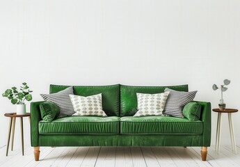 A green velvet sofa with pillows sits in front of a white wall. with two side tables and plants in a modern living room