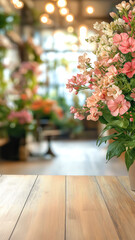 Fototapeta premium Blurred florist shop interior with warm ambient lighting and bokeh effect, delicate floral bouquet in soft pink and cream tones, placed on right side of rustic wooden table. Vertical banner copy space