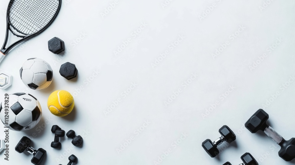 Poster various sports items including a tennis racket, footballs, and dumbbells are organized, leaving empt