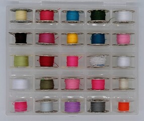 spools of sewing machine thread in a box