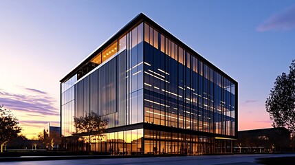 Modern Corporate Office Building with Sleek Glass Facade in Bustling City Skyline