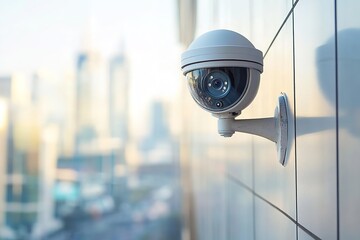 Outdoor surveillance camera on building with urban backdrop