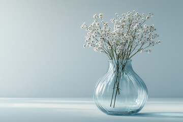 Photographie studio d'un vase en verre transparent au design simple et épuré, parfait pour des fleurs, sur fond blanc