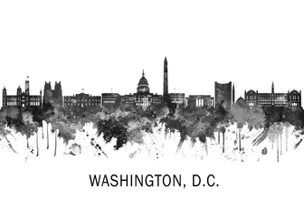 Washington D.C. USA Skyline BW, landscape watercolor abstract painting print poster Heilongjiang travel illustration urban art modern downtown landmarks