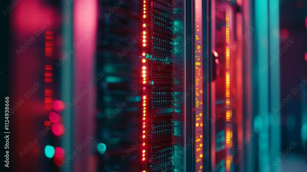 Poster data center operations high-tech server management urban environment digital infrastructure nighttim