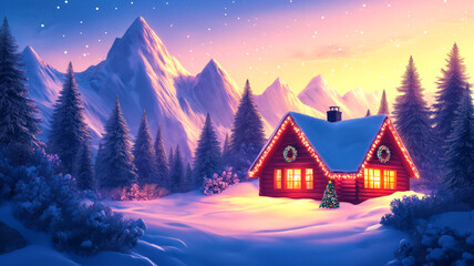 Fototapeta premium Illustration of cozy log cabin in snow-covered forest illuminated by warm glowing lights during serene winter evening. House is decorated with festive Christmas wreaths and garlands, soft snow falling