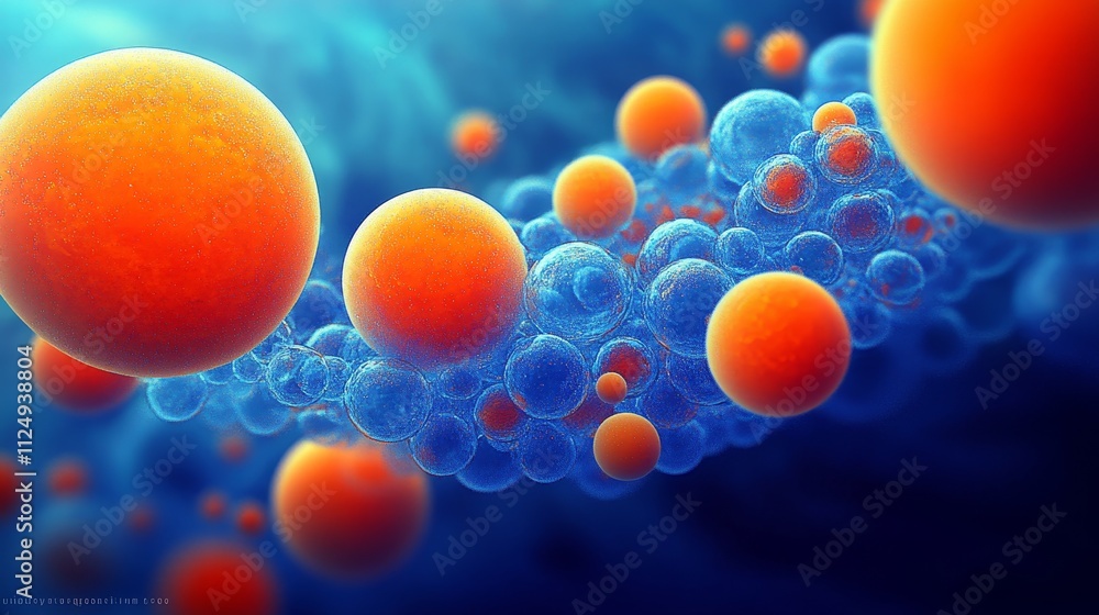 Poster abstract molecular structure with orange and blue bokeh, background for science or modern design