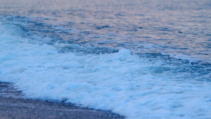 Amazing Sunset Over The Tropical Beach With Sea Tide Waves. Summer Sunset On Natural Landscape....