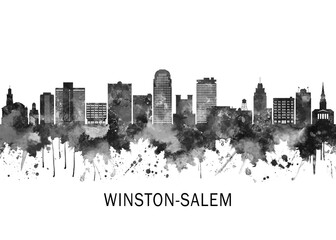 Winston-Salem North Carolina Skyline BW, landscape watercolor abstract painting print poster Heilongjiang travel illustration urban art modern downtown landmarks