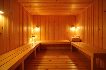 A luxury sauna interior made of cedar wood with glowing lights.