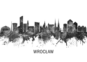 Wroclaw Poland Skyline BW, landscape watercolor abstract painting print poster Heilongjiang travel illustration urban art modern downtown landmarks