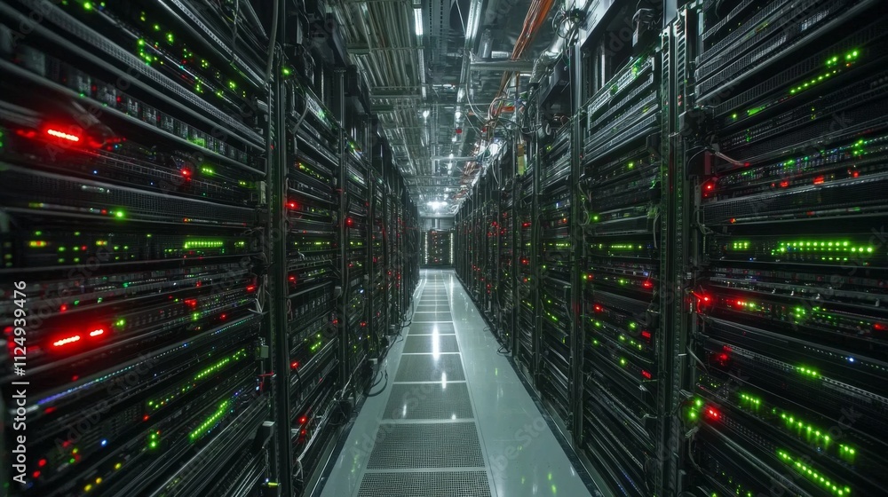 Poster data center operations high-tech facility infrastructure overview digital environment aisle perspect