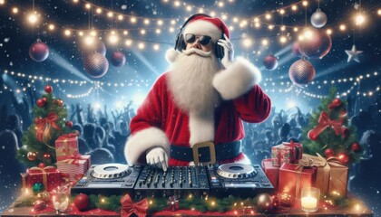 Santa Claus Playing DJ Console On New Years party content created with generative AI software