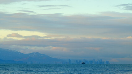 Empty Fishing Ship In Came Out Into The Bay. Caucasus Mountains On The Background. Georgia, Europe.