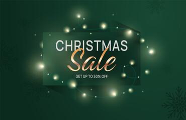 Merry Christmas Sale banner with lights garlands for special offer.Christmas sign banner for Seasonal sales in luxurious green color with bulbs on a string. Xmas and New Year lights banner, tag.Vector