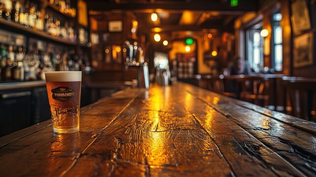 An up-close look of a rustic wooden tables against the hazy backdrop of a darkened bar. 