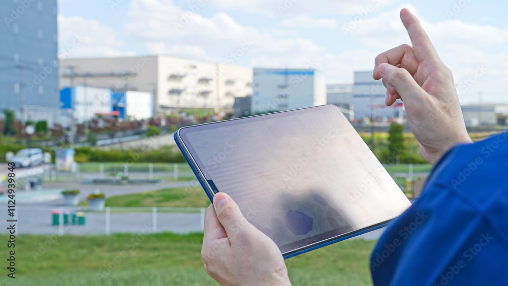 Aufkleber タブレット、DX、点検、チェック、確認、検査、画面、建設、工事、工場、男性、倉庫、ビジネス、産業、エンジニア、作業員、道路、交通、青空、環境、メンテナンス、設計、測量、土地、不動産、製造業、GPS、ナビゲーション、道案内、テクノロジー、デジタル、データ、IT、トランスフォーメーション、ネットワーク、科学、建物、都市、社会、リサーチ、屋外、公園、公共、行政、事業、設備、PC、物流、ロジスティクス、人
