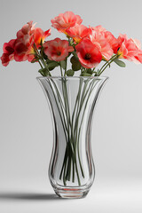 Obraz premium Photographie studio d'un vase en verre transparent au design simple et épuré, parfait pour des fleurs, sur fond blanc