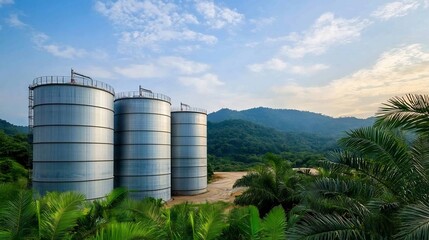Massive Industrial Palm Oil Storage Tanks in Tropical Landscape