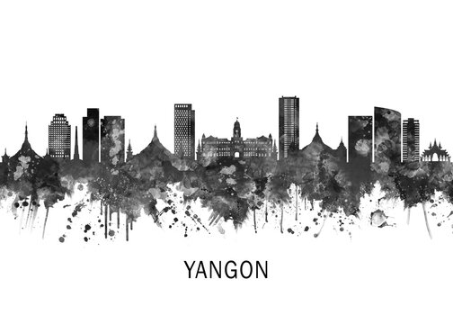 Yangon Myanmar Skyline BW, landscape watercolor abstract painting print poster Heilongjiang travel illustration urban art modern downtown landmarks