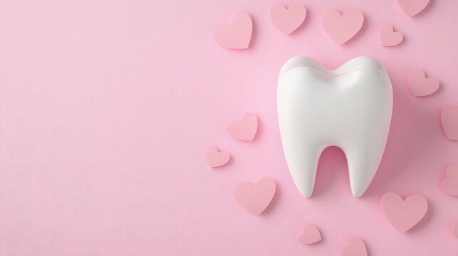 White Tooth with Pink Hearts on Romantic Pink Background for Dental Care Themes