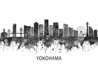 Yokohama Japan Skyline BW, landscape watercolor abstract painting print poster Heilongjiang travel illustration urban art modern downtown landmarks