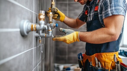 Skilled plumber installing pipes in modern bathroom home renovation project indoor setting close-up view craftsmanship in action