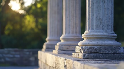 Elegant Roman Columns at Sunset in a Serene Park Setting