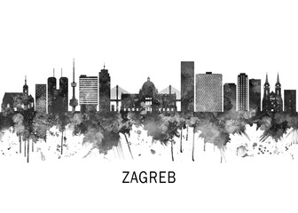 Fototapeta premium Zagreb Croatia Skyline BW, landscape watercolor abstract painting print poster Heilongjiang travel illustration urban art modern downtown landmarks