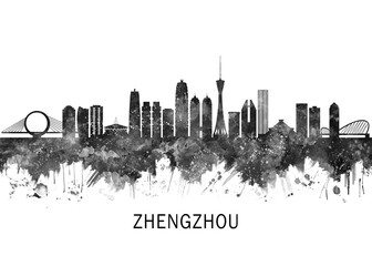 Fototapeta premium Zhengzhou China Skyline BW, landscape watercolor abstract painting print poster Heilongjiang travel illustration urban art modern downtown landmarks