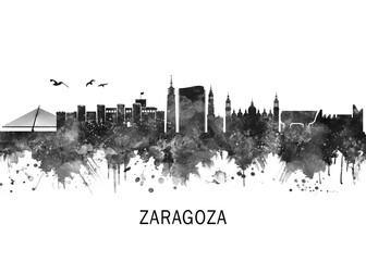 Fototapeta premium Zaragoza Spain Skyline BW, landscape watercolor abstract painting print poster Heilongjiang travel illustration urban art modern downtown landmarks