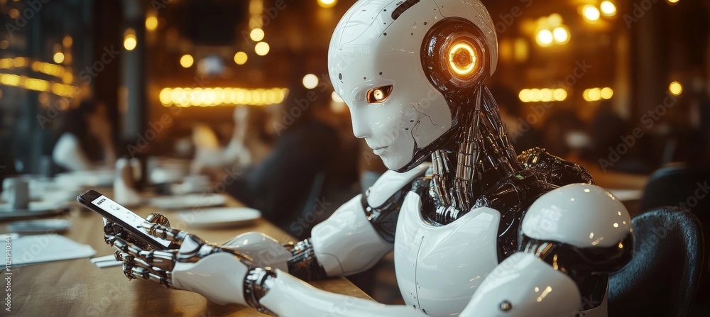 Poster advanced humanoid robot utilizing smartphone in a contemporary setting a glimpse into the future.