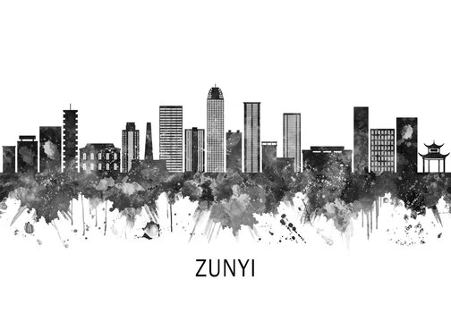 Zunyi China Skyline BW, landscape watercolor abstract painting print poster Heilongjiang travel illustration urban art modern downtown landmarks