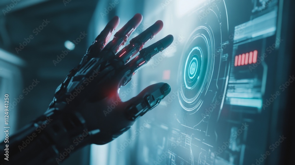 Poster futuristic robot hand interacting with holographic interface sci-fi setting digital display close-up