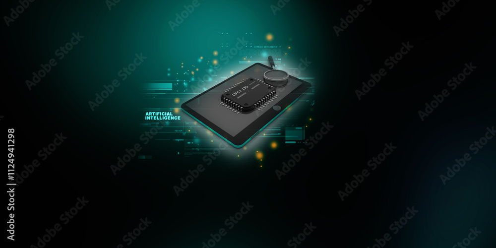 Poster 3d rendering microchips on mobile phone search concept