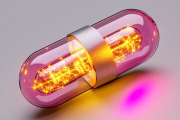 A futuristic 3D-rendered pill with glowing nanotechnology embedded inside, symbolizing advanced drug delivery systems