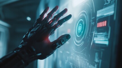 Futuristic robot hand interacting with holographic interface sci-fi setting digital display close-up technology and innovation