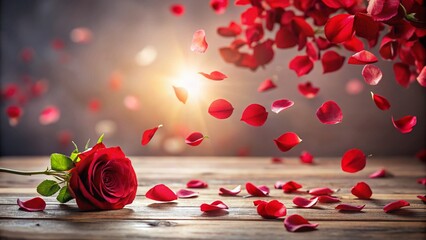Captivating Red Rose Petals Gently Falling to the Floor, Creating a Romantic Atmosphere with Ample Copy Space for Text or Advertisements